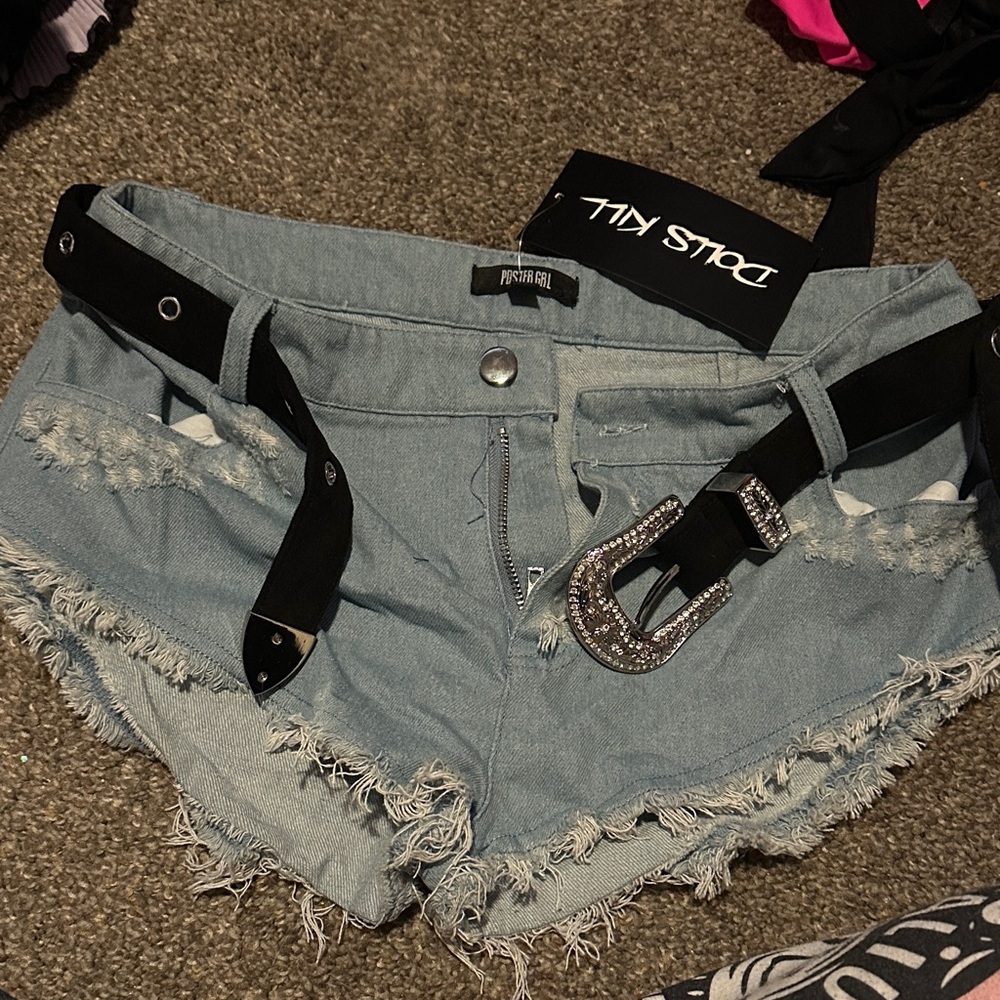 Dolls Kill Frayed Poster GRL Light Blue Jean Shorts with Black Belt